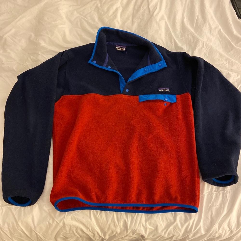 Mens Med Patagonia Synchilla Snap T Fleece Pullover Sweater Jacket EUC Red Blue